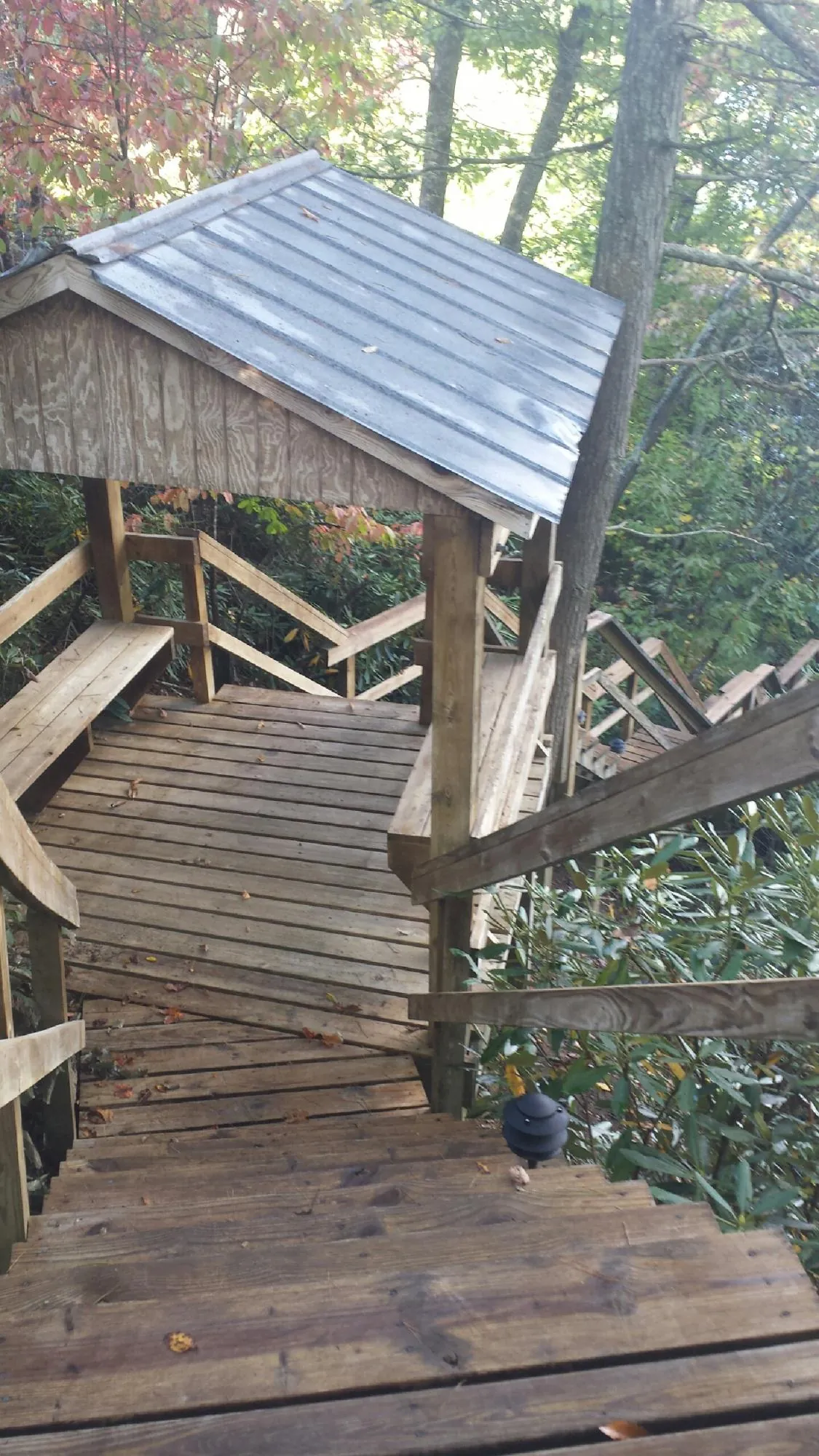 Metal roofed shelter over wooden steps on a wooded walkway — Skylight Repair & Installation work by our crew in Bulger